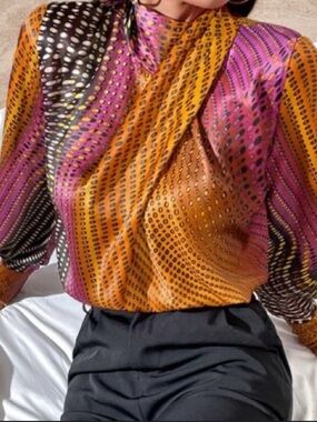 Zara Blouse L Multicolor Dot-Print Blouse in Orange, Pink & Black